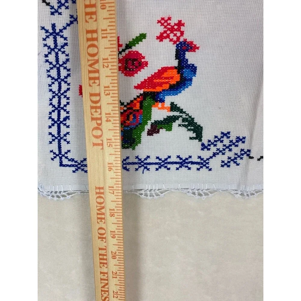 Vintage Handmade Cross-Stitch Peacock and Floral Table Topper Lace Trim 17x21